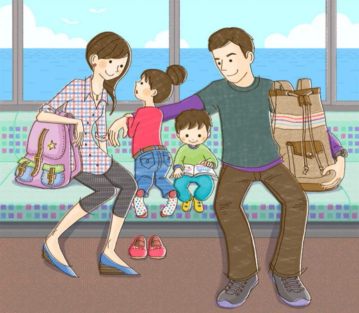 　オリジナル作品「 電車に乗る家族　海」