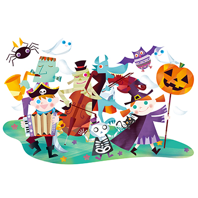 ハロウィンのパレードをするお化けと仮装する子供たち