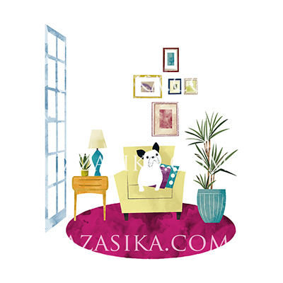 リビングのソファと観葉植物と犬