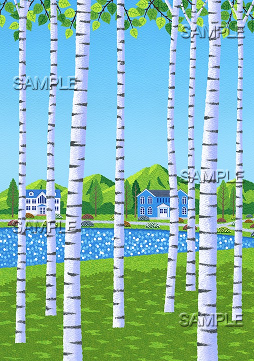 風景イラスト／白樺の木陰から