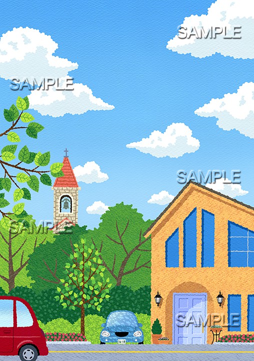 風景イラスト／教会の塔が見える閑静な住宅街