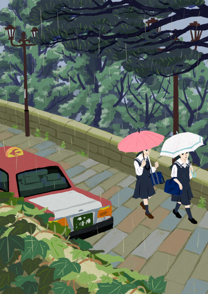 雨の降る中、楽しそうに通学する女学生二人のモノクロイラストです。