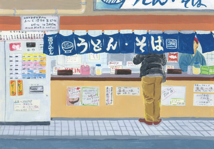 大阪鶴橋駅の立ち食いうどん屋さんのイラストです