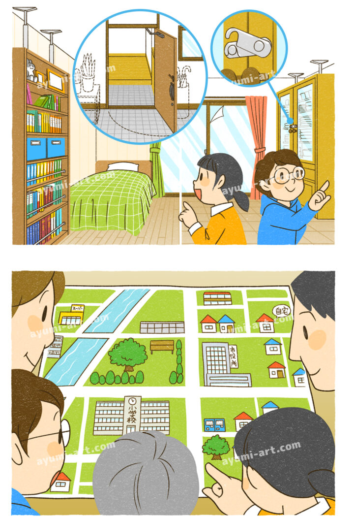 防災について話し合う親子のイラスト