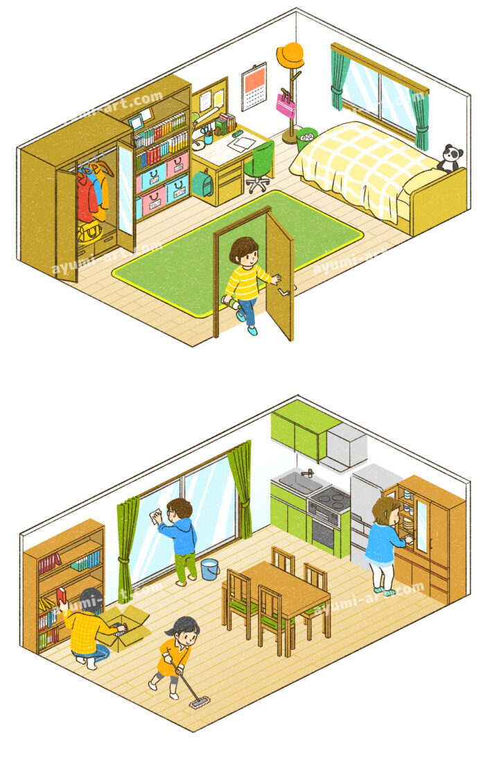 子供部屋とキッチンのアイソメ図