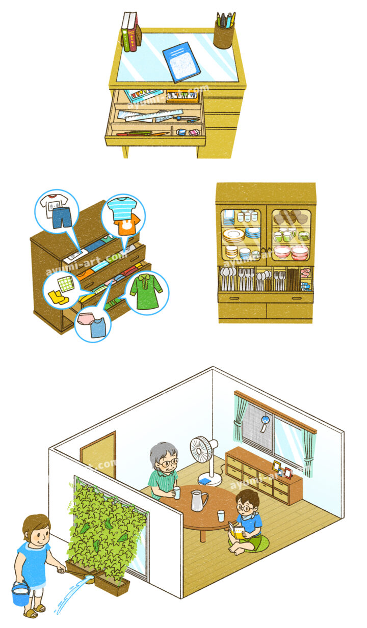 家具のイラストと部屋のアイソメ図