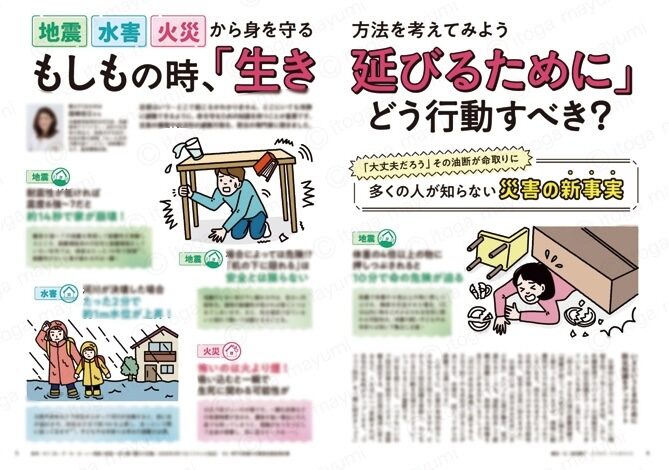 情報誌「めりぃさん」Vol.35　 防災イラスト作成　地震　火事　水害