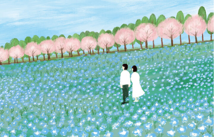 風景画/花の風景「ネモフィラ畑」油絵F3 木製フレーム付き 907986598bce1599cb9dd5e294ff81