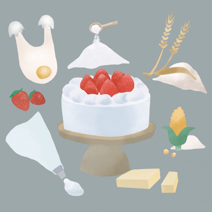 ケーキとその材料（卵、小麦粉、バター、いちごなど）をテクスチャ感のあるやさしいタッチで描いた食材イラスト。