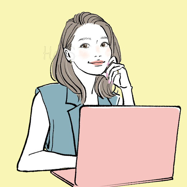 ピンクのノートパソコンを前に、手を頬に添えて微笑む女性のイラスト。淡い色合いとソフトな線画で親しみやすい雰囲気に仕上げられている。