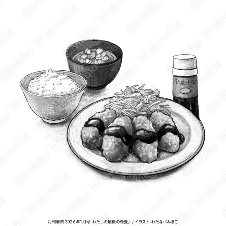 カキフライ定食のモノクロイラスト