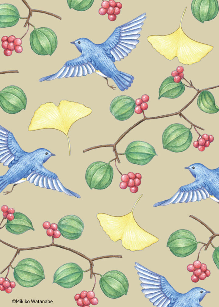 秋の植物と鳥、自然のイラストパターン