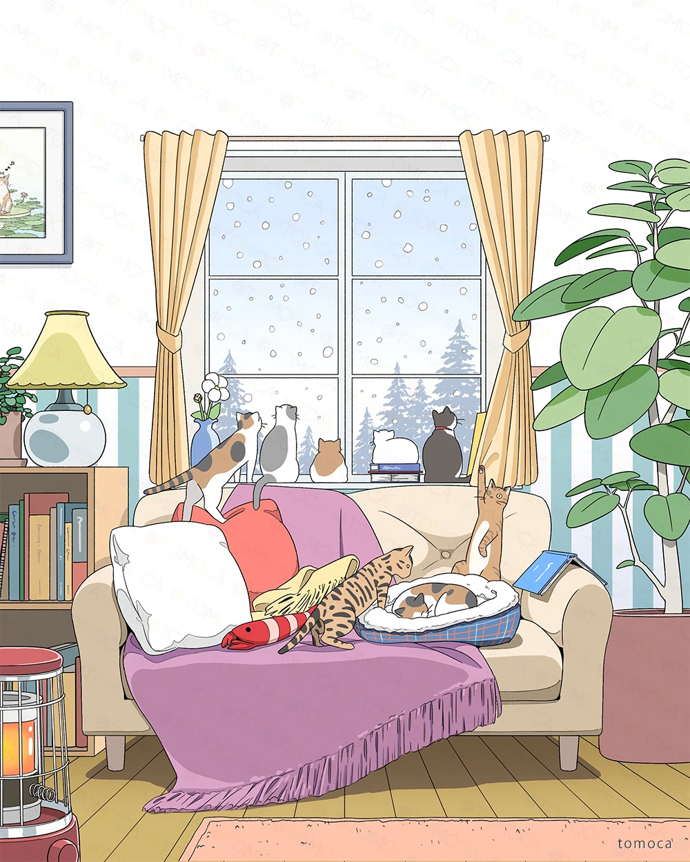 雪を眺める猫達