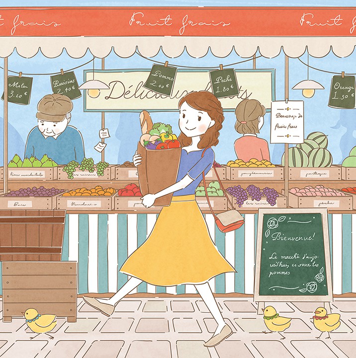 マルシェで買い物をする女性のイラスト