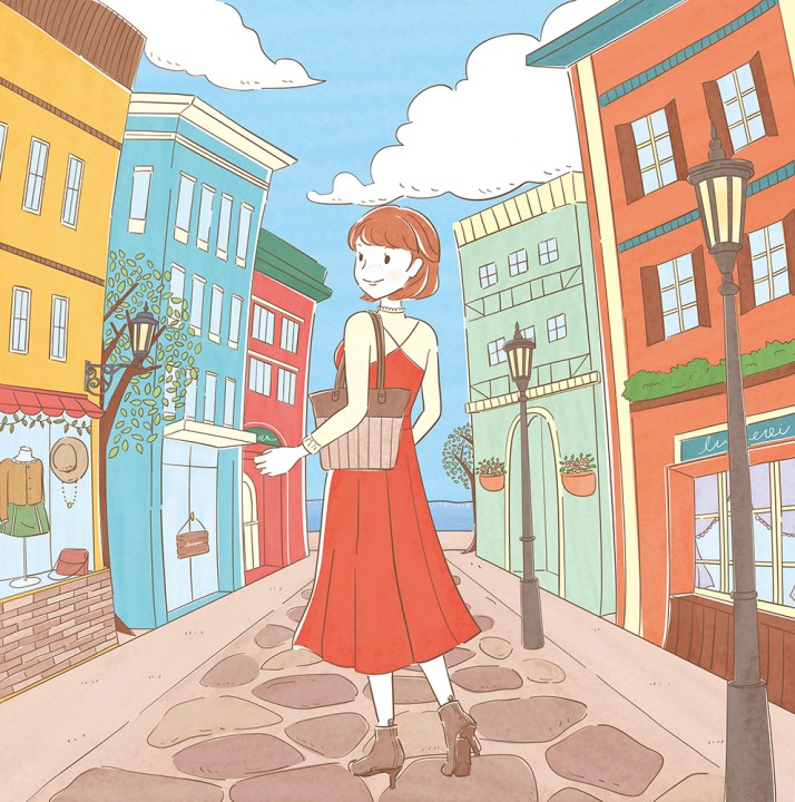 ヨーロッパの街にいる女性のイラスト