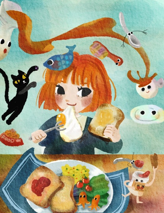 魔女っ子が食パンやサラダを魔法を使って朝ごはん食べているイラスト