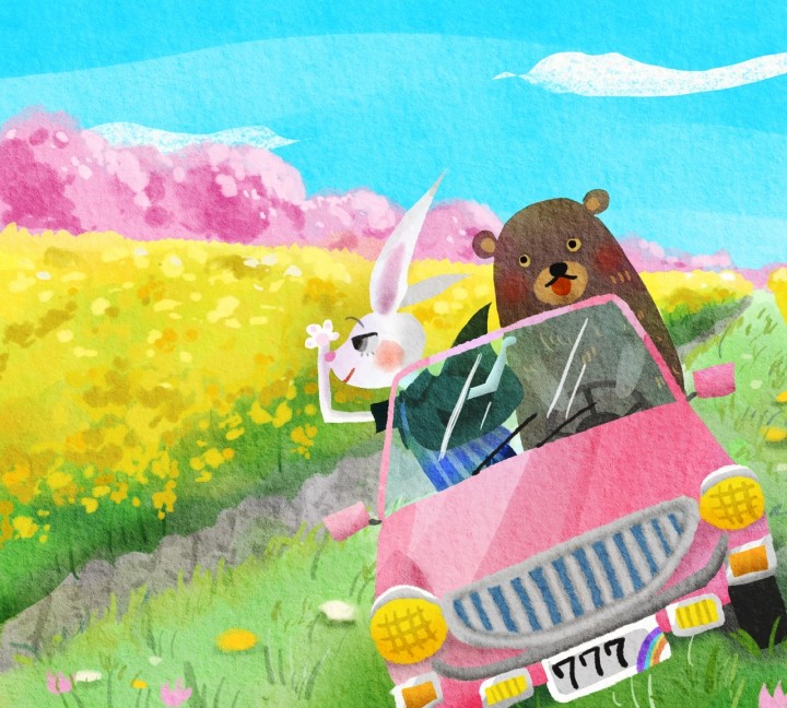 桜と菜の花と青空 春のコントラストの中ウサギと熊がピンクの車でドライブしているイラスト