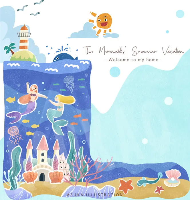 ７月カレンダー 海の中の人魚のお家イラスト