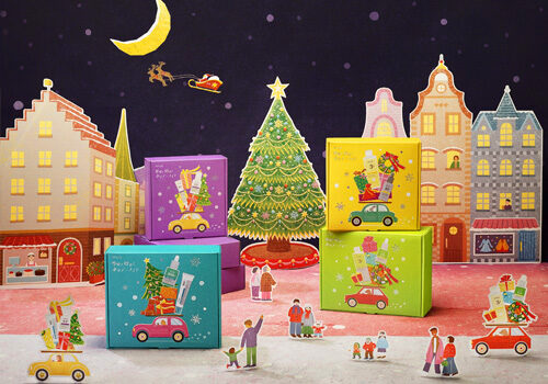 Anua　2025クリスマスコフレ「雪明り煌めくホリデーナイト」ダーマライン　パッケージと背景イラスト