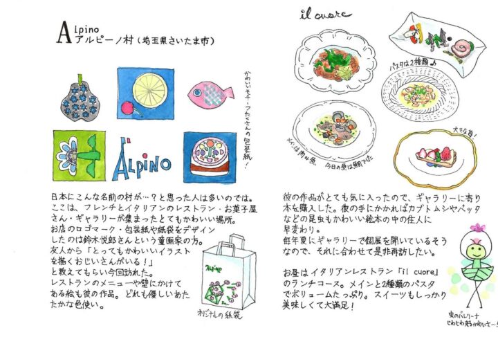 AtoZ形式で、日本のあちこちを旅した記録を綴るイラストエッセイの「A」のページ。埼玉県さいたま市にあるアルピーノ村の紹介。