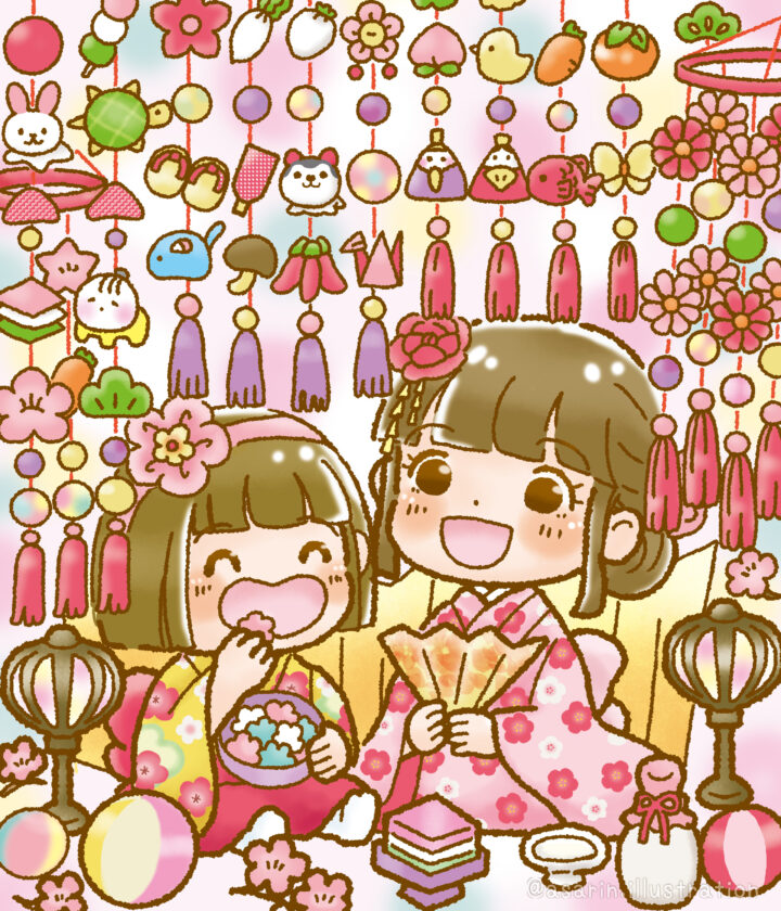 吊るし雛に囲まれてひな祭り