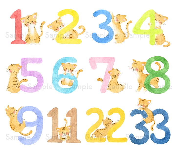 数字と茶トラ猫のカットイラスト