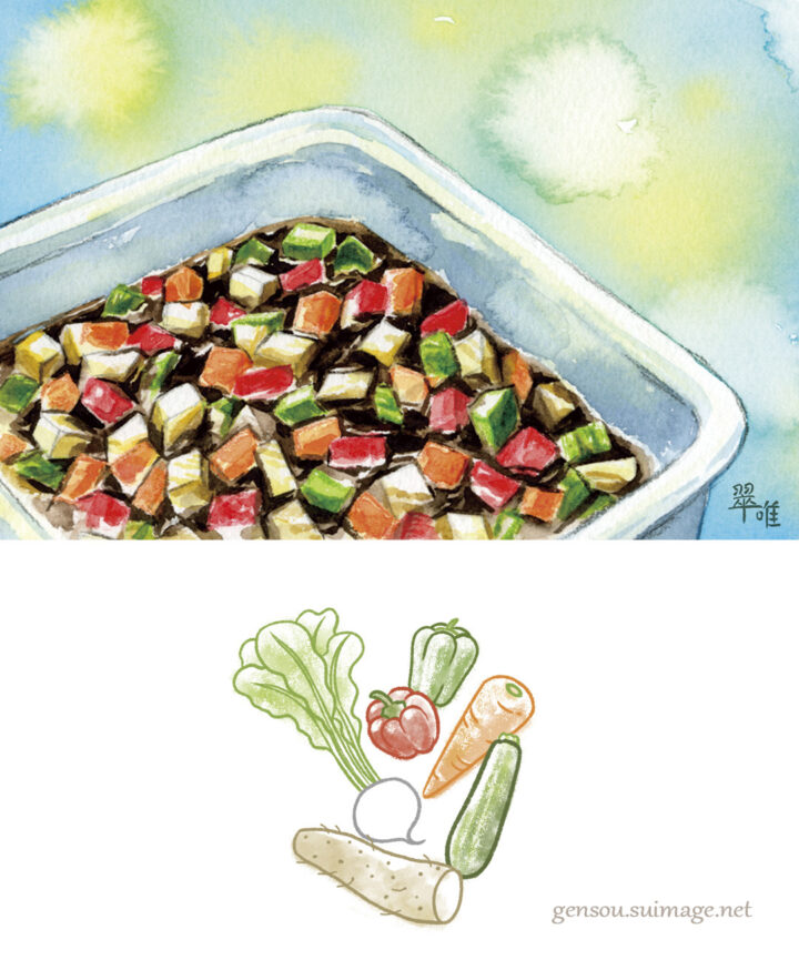 「食べもの通信〜四季の保存食〜」５月号挿絵　生野菜のしょうゆ漬け