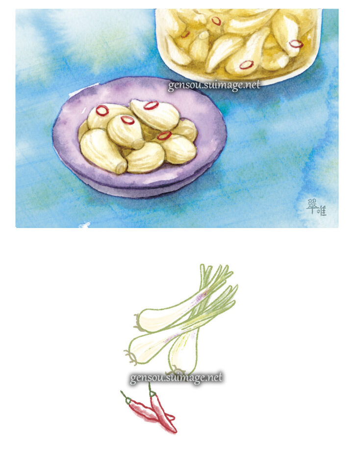 「食べもの通信〜四季の保存食〜」6月号挿絵　ラッキョウ漬け