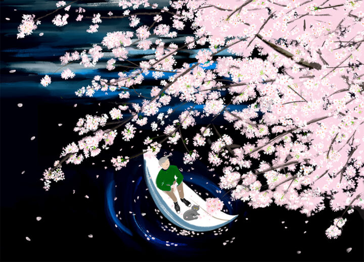 ボートに乗って桜を見上げる男性と猫のイラスト