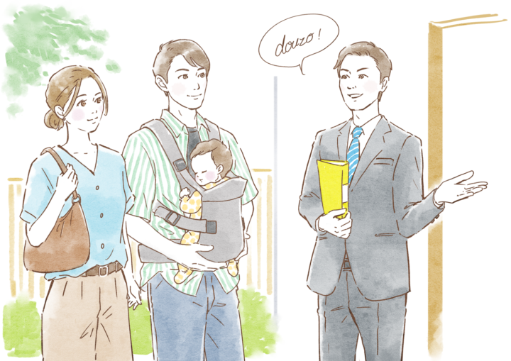 抱っこ紐で赤ちゃんを連れた夫婦と不動産案内の営業マンのイラスト