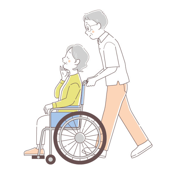 車椅子に乗る高齢女性とそれをおす夫のイラスト