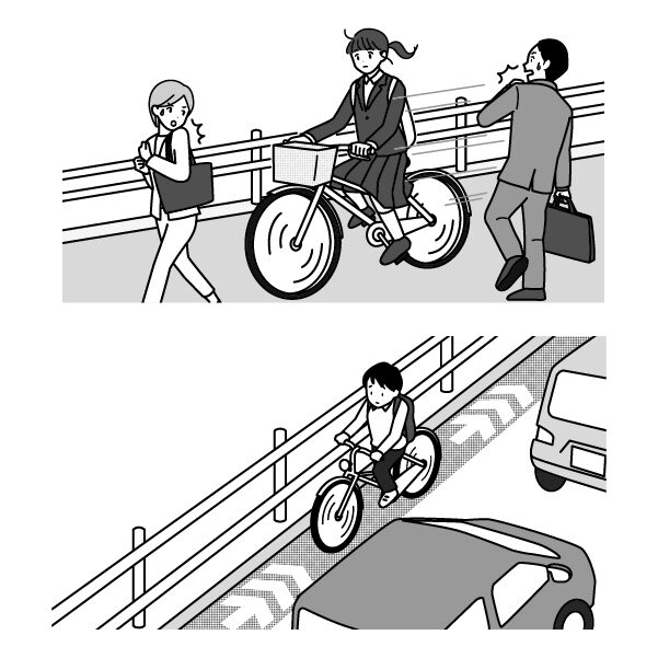 歩道を走る危ない自転車と右側通行する自転車
