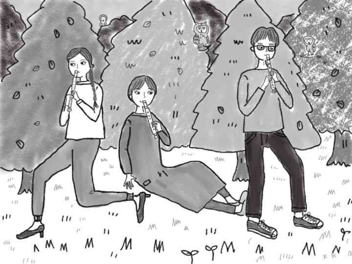 ふくろうの森にて、８時に集合の「笛の会」