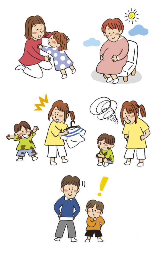 はっきりとした線とカラフルな色で着色された親子のイラスト。かわいい親と子供、妊娠した妊婦さん、子育てに奮闘するお母さん、何かに気づく男の子とお父さん。