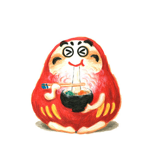 色鉛筆を使って手描きで描かれた達磨のイラスト。だるまが雑煮を食べている、かわいい、優しい、ほのぼのとしたイラスト