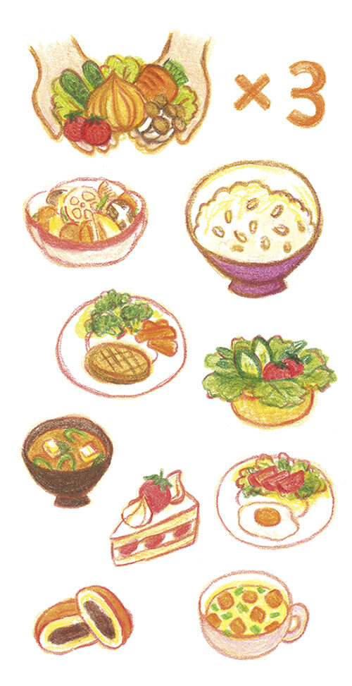 色鉛筆を使って手描きで描いた料理、野菜、スイーツなどのイラスト。やわらかい、優しいイメージ。