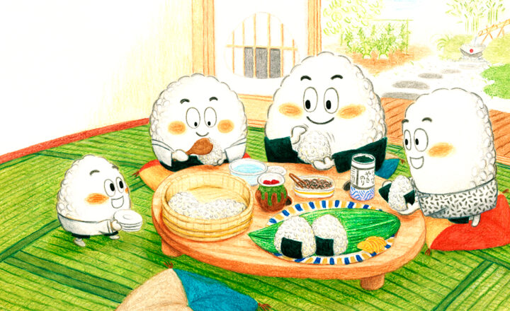 色鉛筆を使って手描きで描かれたイラスト。食べ物のおにぎりがおにぎりをにぎっている、かわいい絵本のような絵