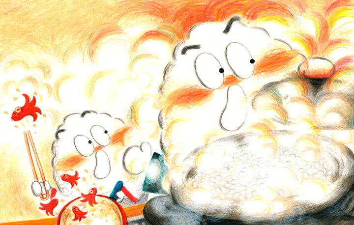 色鉛筆を使って手描きで描かれたイラスト。食べ物のおにぎりが料理を作っている、かわいい絵本のような絵