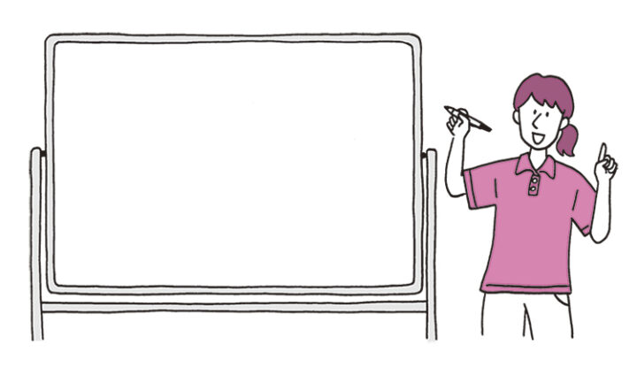女性の介護者がホワイトボードの前で説明をしている。はっきりとした線で描かれたシンプルなイラスト