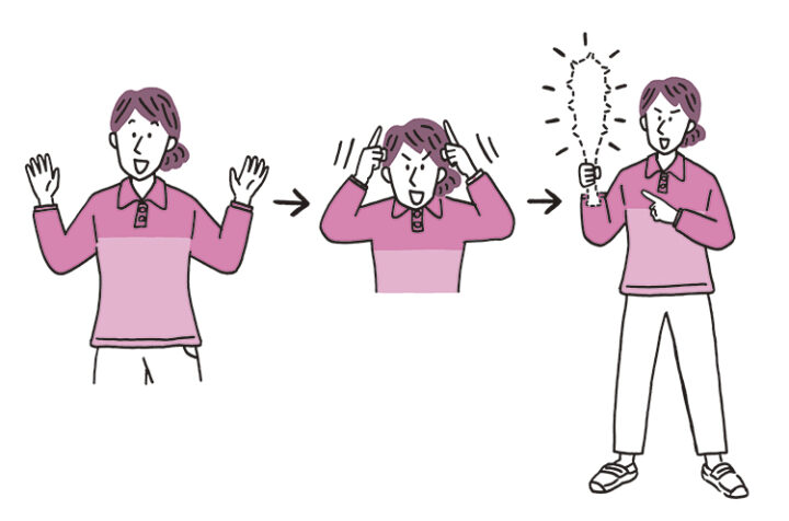 女性の介護者がレクリエーションの説明をしている。はっきりとした線で描かれたシンプルなイラスト