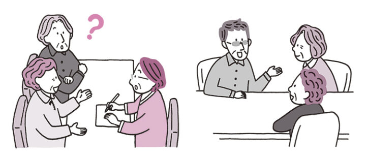 高齢者(介護施設利用者)が椅子に座り、数人でレクリエーションの話し合いをしている。はっきりとした線で描かれたシンプルなイラスト