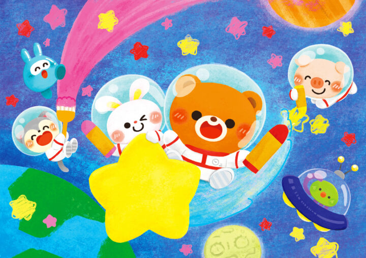 宇宙でくま、うさぎ、等の動物たちがクレパスや絵の具を使っておえかきをしているところのイラスト