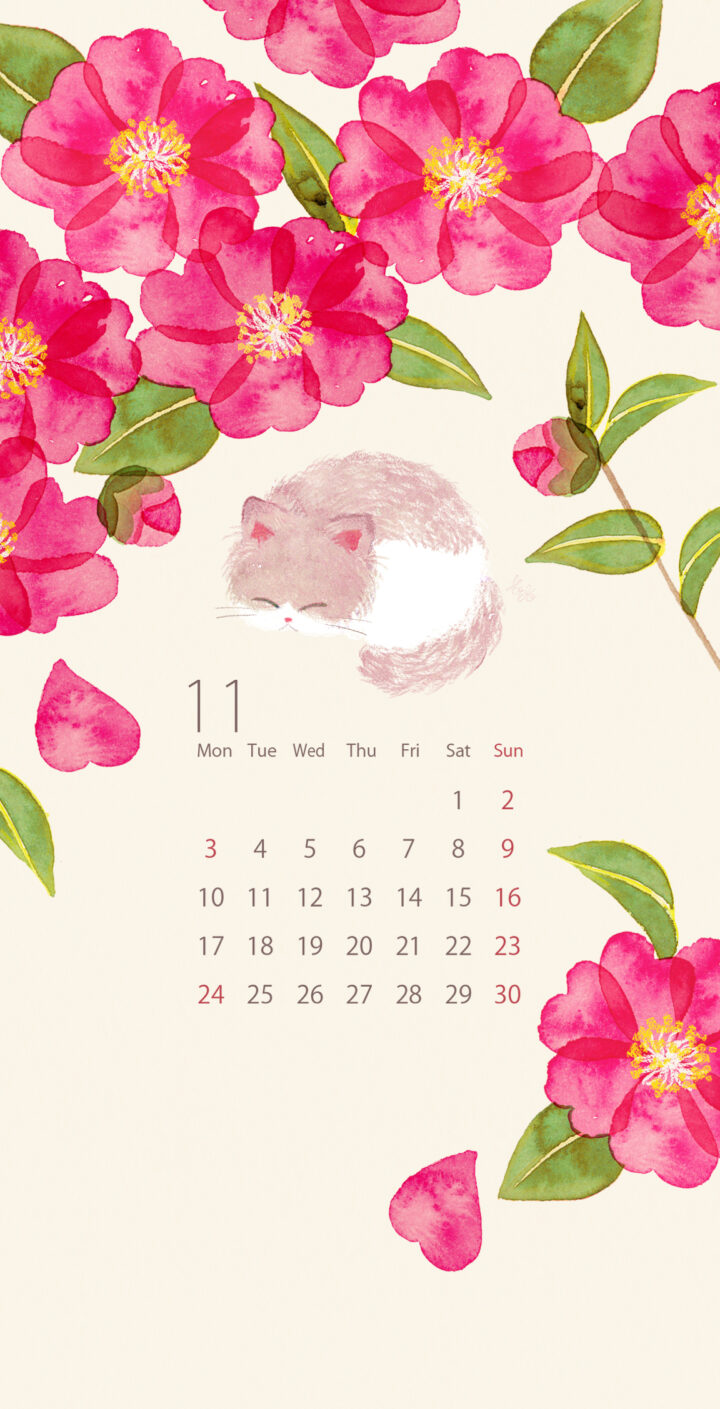 猫と山茶花のカレンダー