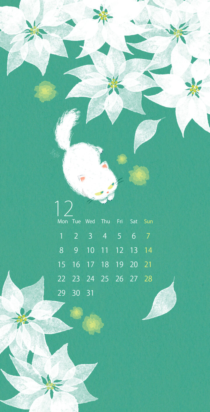 12月　カレンダー　猫とポインセチア