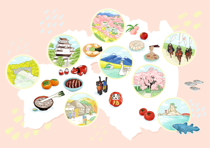 福島県の観光名所・食べ物・郷土玩具を紹介したマップです。(オリジナル)