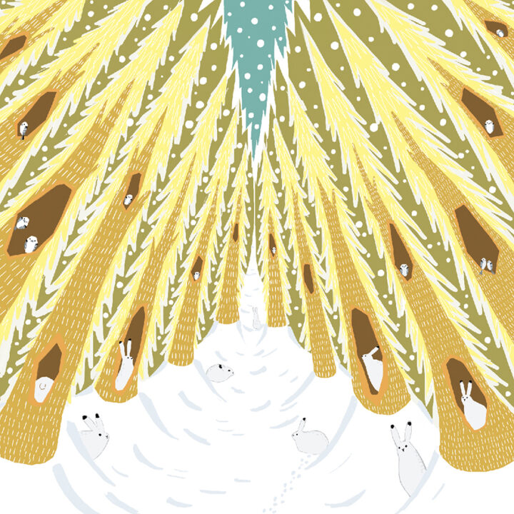 積もる雪と杉林