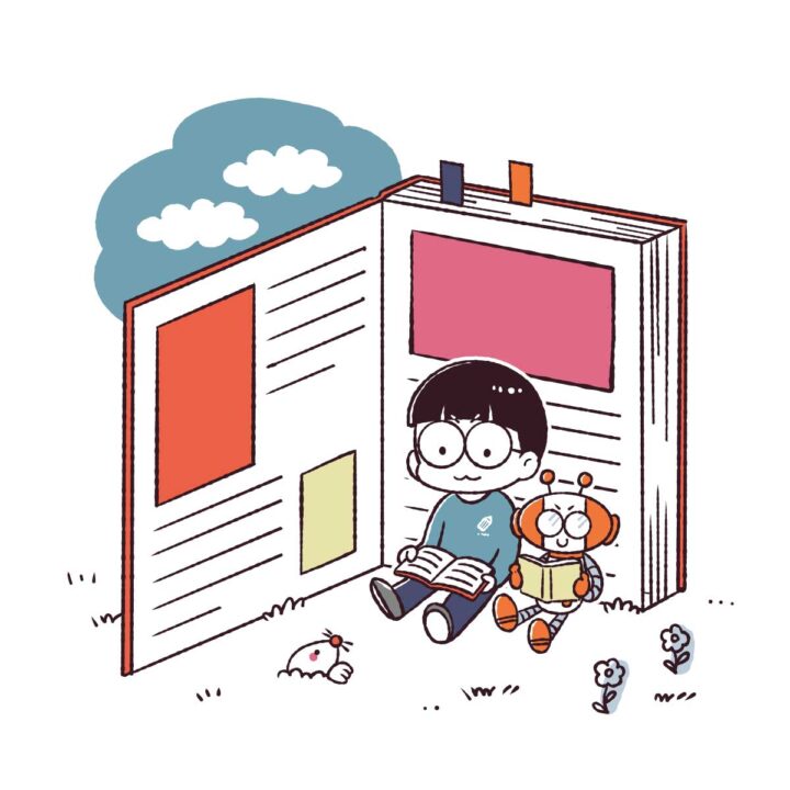 オリジナル「AIロボットと一緒に勉強する男の子」